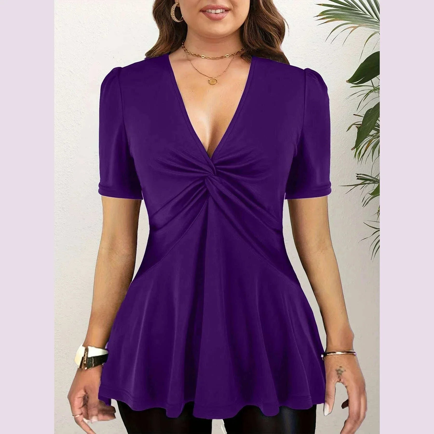 Fashion Women Plus Size Elegant Short Sleeve T shirt V-Neck Ruched Sexy Office Lady Casual Slim Summer Casual Fashion Tee Tops