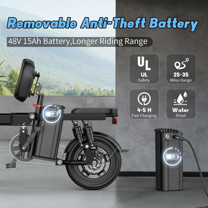 Electric Bike for Adults Teen-Folding Electric Bicycle 750W Peak Motor,20+MPH 35 Miles,Commuter Ebike 48V 15AH Removable Battery