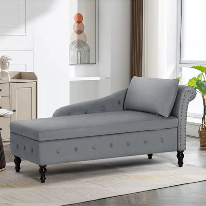Velvet Chaise Lounge with Left Armrest & Storage Space,Button Tufted Lounge Chair w/Lumbar Pillow,Modern Upholstered Lounge Chai