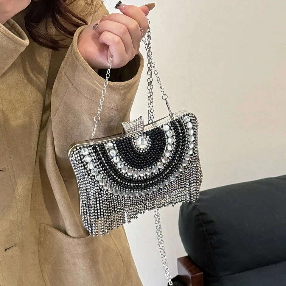 Rhinestones Tassel Clutch Diamonds Beaded Metal Evening Bags Chain Shoulder Messenger Purse Evening Bags For Wedding Bag