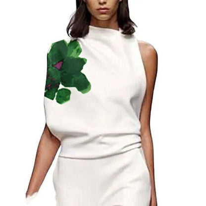 UOOZEE Urban Female Asymmetric High Neck Vest Tops 2025 New Summer Sleeveless One-shoulder Fashion Floral Printed T-shirts
