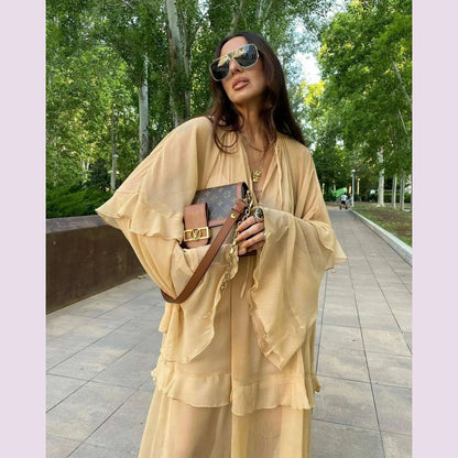 Tornova Chiffon Ruffled Long Dress For Women Flared Sleeves Long Sleeve V-Neck High Waist Dress Female Summer Casual Loose Dress