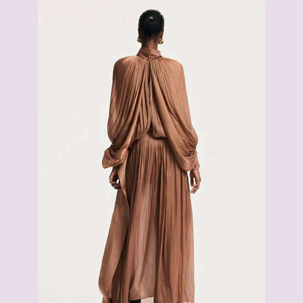 Spring 2025 women's vintage satin lanterny-sleeved sexy long dress with a leaky back, fashionable drape loose pleated skirt