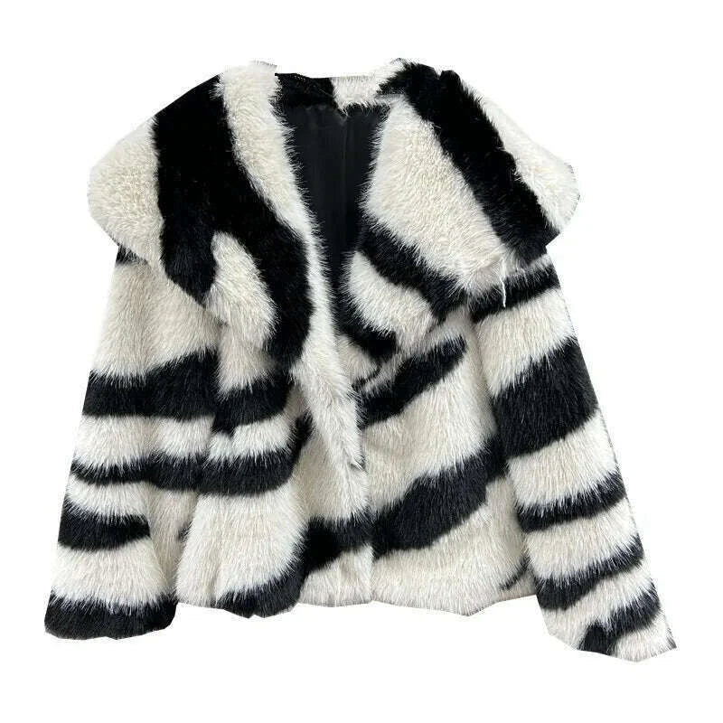 DEAT 2024 Winetr New Fashion Women's Faux Fur Coat Big Collar Contrast Color Striped Long Sleeve Wram Thick Jackets 29L8619