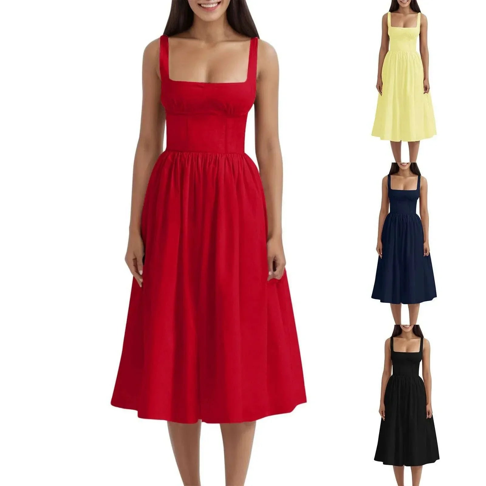 Elegant Square Collar Summer Dresses for Women Sexy Spaghetti Strap Holiday Beach Sundress Corset Bandage Party Long Dress Robe