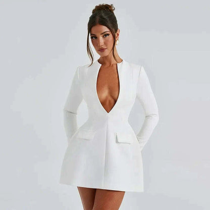 Fashion Deep V-neck Tunics Short Dress White Black Women Autumn Winter Long Sleeve High Waist Party Dresses Female Blazer Dress