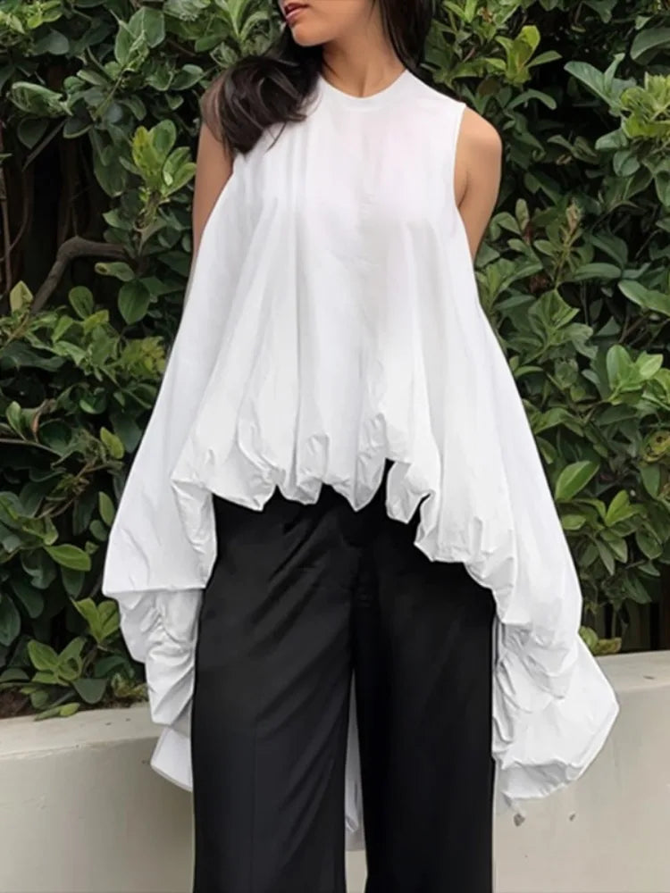 UOOZEE Women's High-Low Loose Pleated Round-Neck Vest Tops 2025 New Summer Sleeveless Casual Simple White Cotton T-shirts