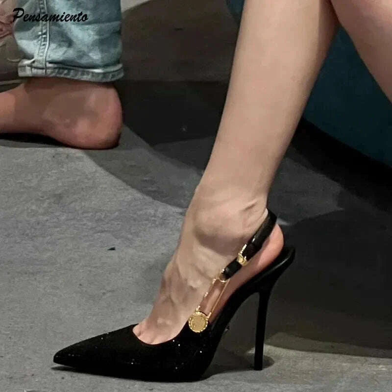 Spring Summer Fashion Shoes Luxury Rhinestones Sequined Buckle Women Pumps Elegant Pointed toe Slingbacks Stiletto High heels