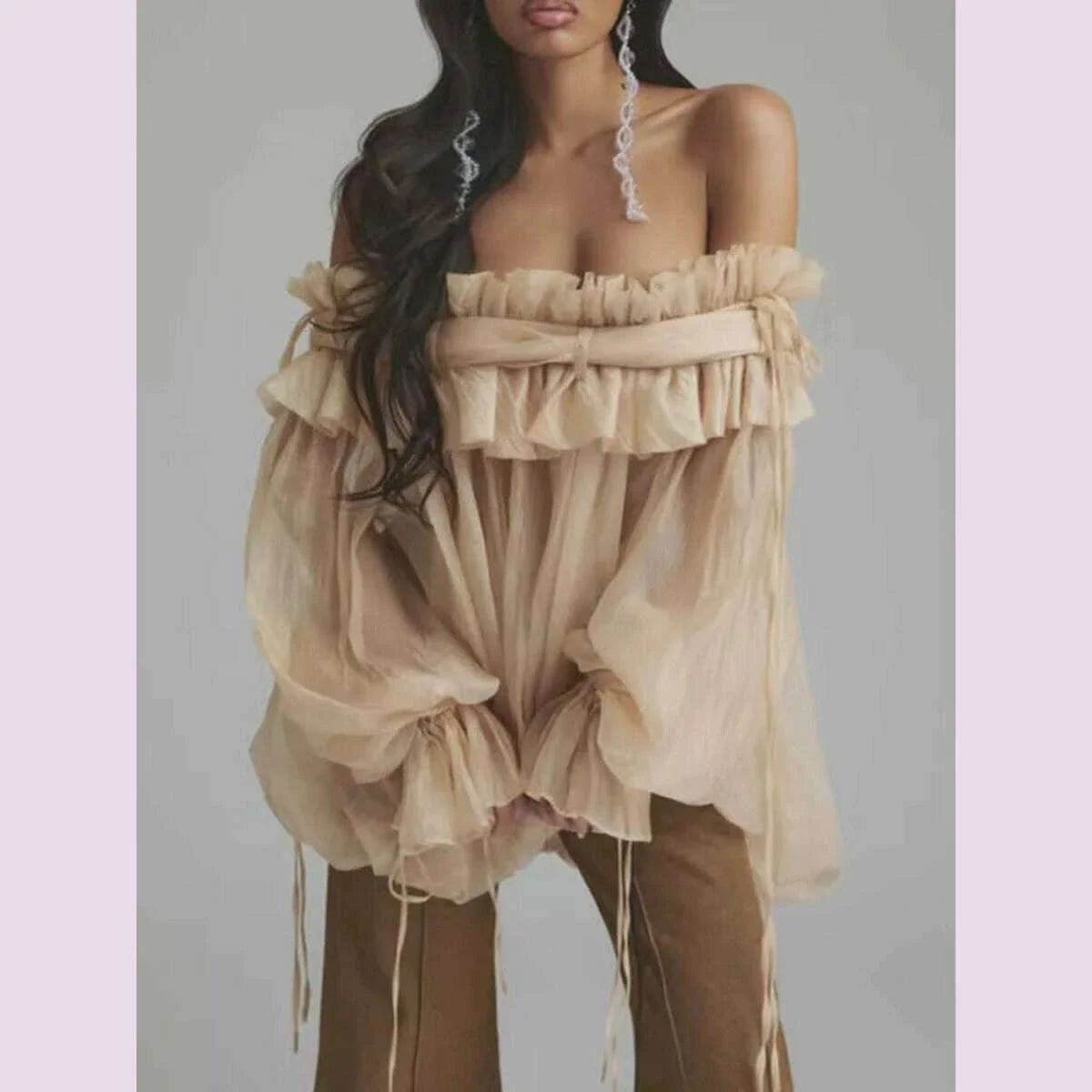 TWOTWINSTYLE Solid Loose Spliced Mesh Blouse for Women Slash Neck Long Sleeves Patchwork Folds Elegant Top Female Fashion New