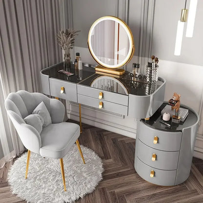 A Modern Design Dressing Table With Mirror and Stool Wooden Makeup Vanity Desk Side Cabinet Set Bedroom Furniture Dresser