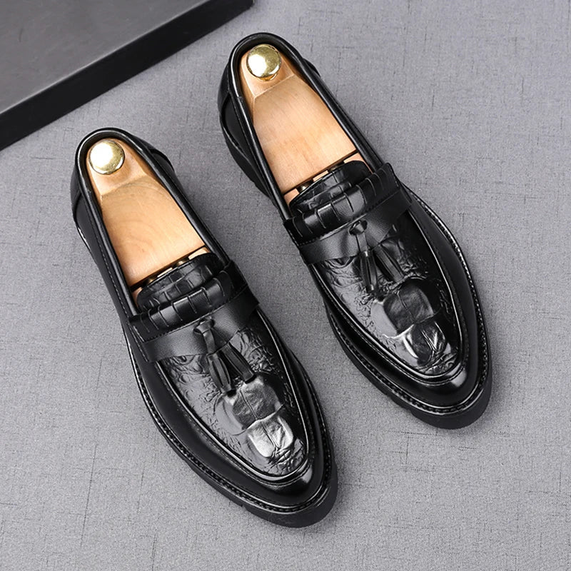 mens casual original leather tassel shoes black stylish platform shoe business wedding dress crocodile pattern footwear zapatos