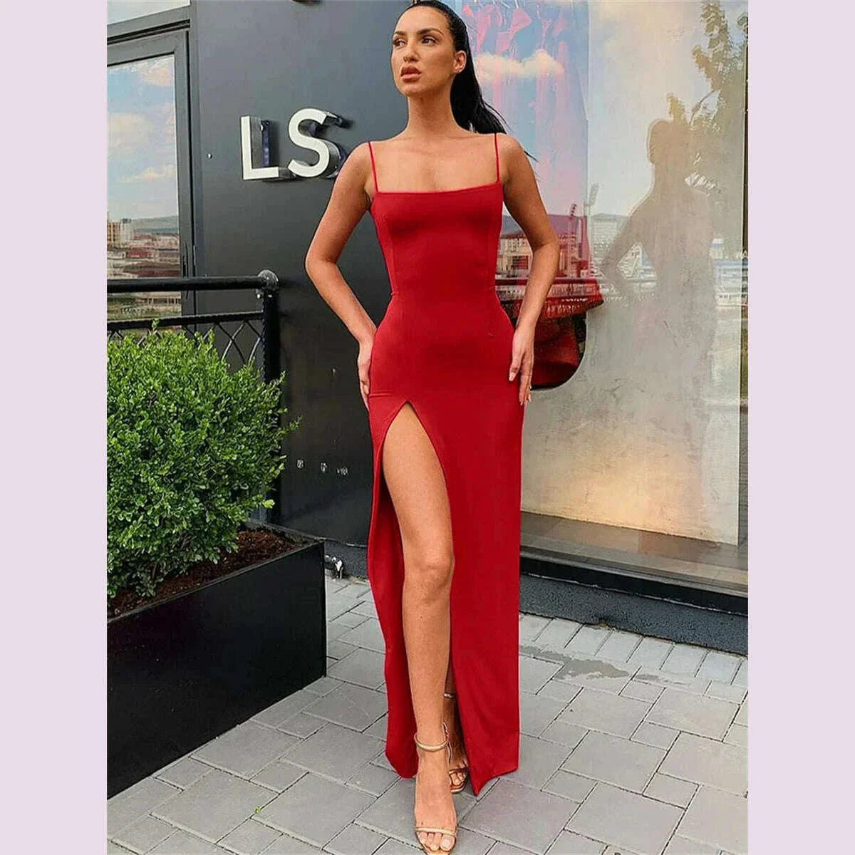 Women Summer Sexy Bodycon Dress Lady Sexy Spaghetti Strap Sleeve Split Solid Color Sheath Dress Vestidos