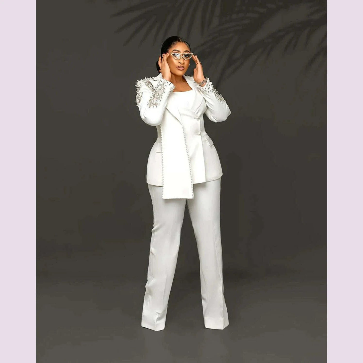 Customized Unique Design Beads Women Pants Suits White Wedding Blazer Jacket Guest Wear Slim Fit 2 Pieces