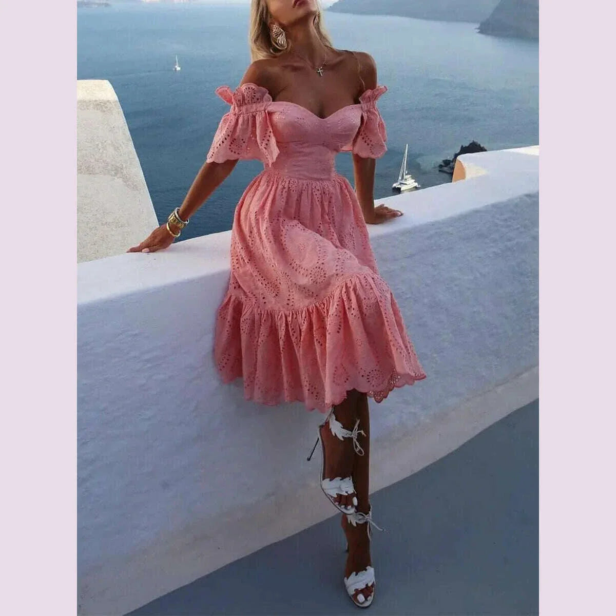 Dress Women Off Shoulder Mid Length Dresses Solid Dot Sexy Splice Tight High Waist V Neck A Line Elegant Slim Fit Vestidos