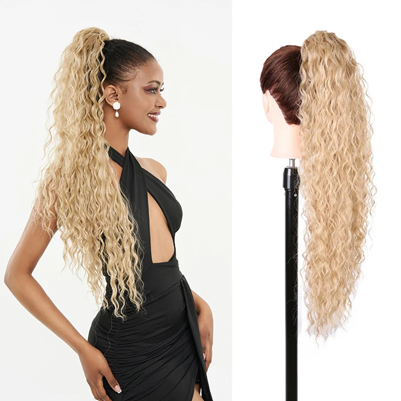 Julianna Synthetic Kanekalon Black Drawstring Water Wave Ponytail Extension Female Curly Wavy Clip In Ponytail Hair Extension