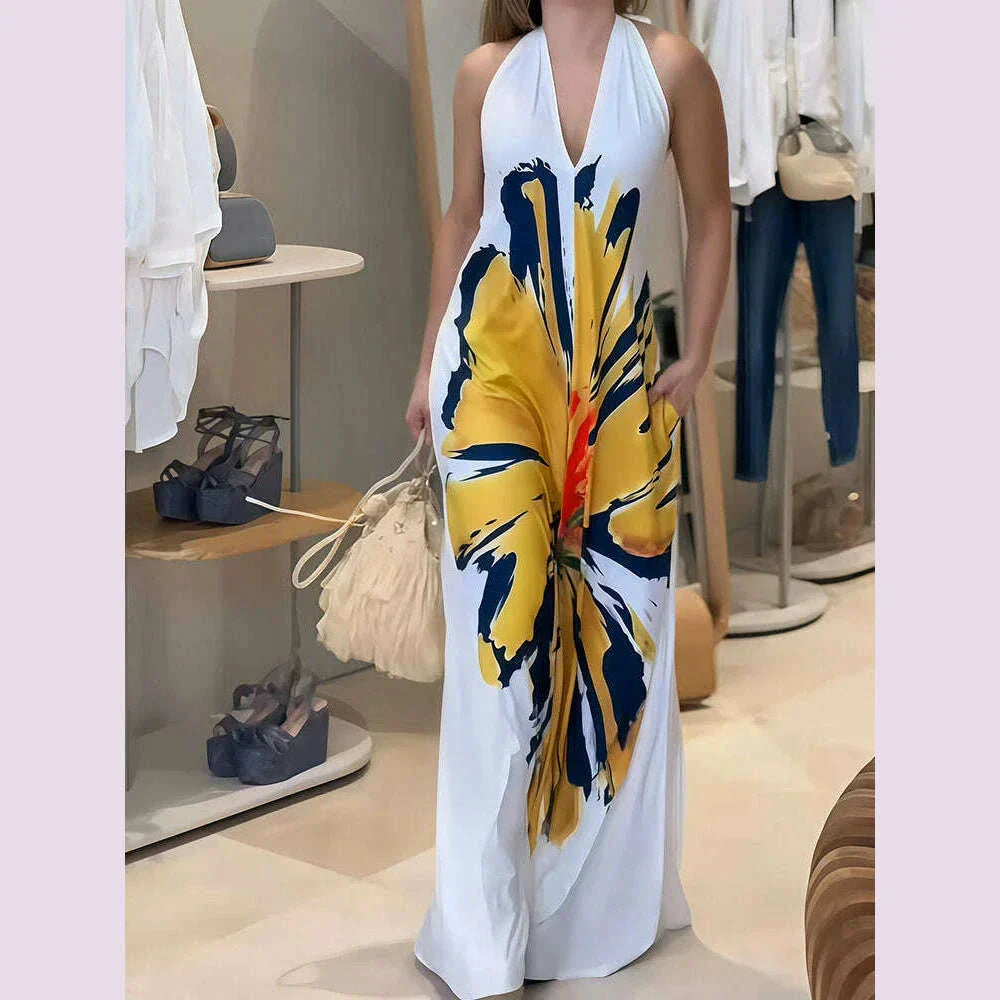 Printed Patchwork Loose Holiday Party Dress, Women Summer Fashion Sleeveless Chic Maxi Dress, 2025 Backless Elegant Ladies Dress