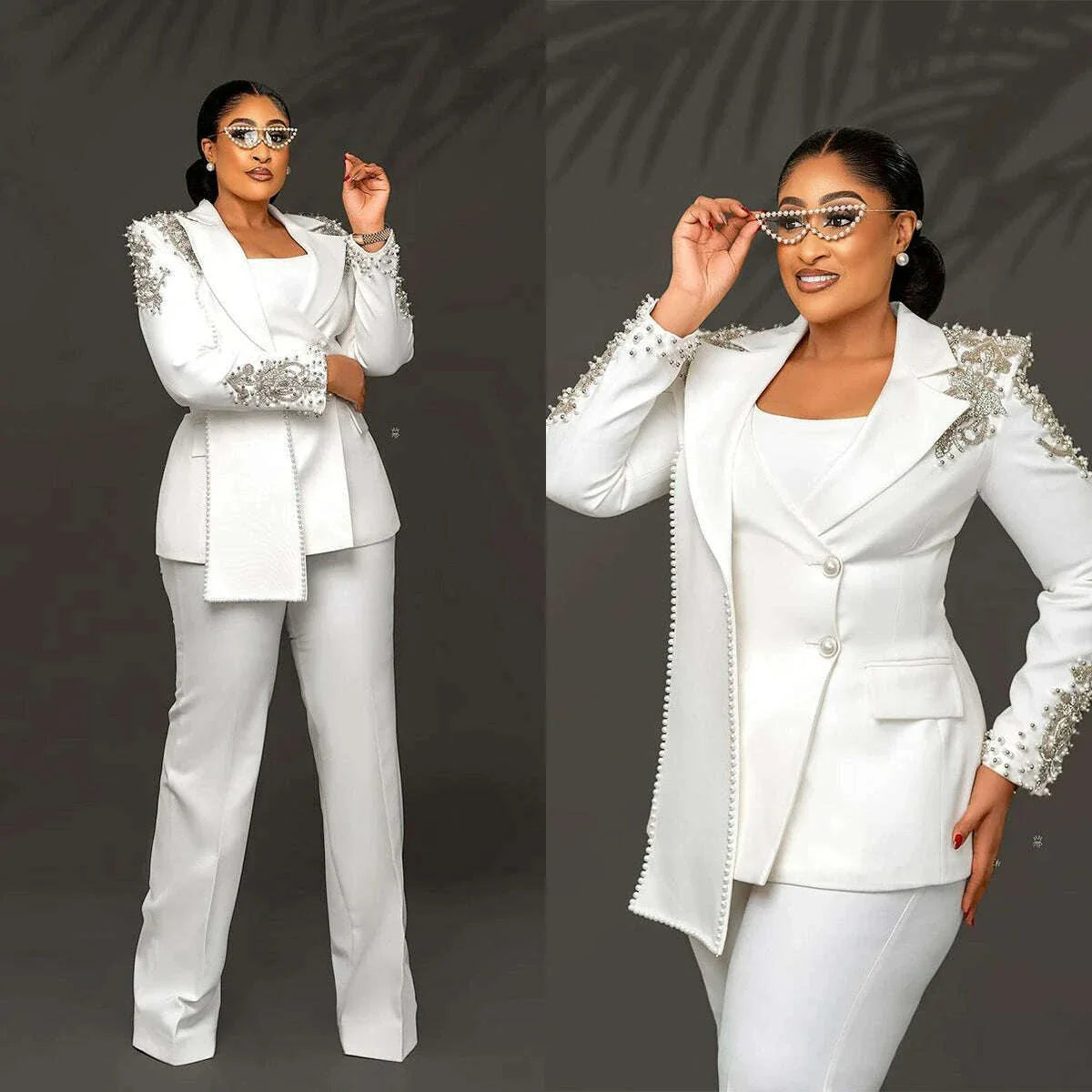 Customized Unique Design Beads Women Pants Suits White Wedding Blazer Jacket Guest Wear Slim Fit 2 Pieces