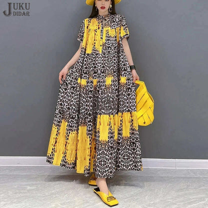 Korean Style Painted Short-Sleeve Casual Loose Big Size Yellow Red Blue Leopard Long Dress Summer Boho Print Dress Robe JJXD071