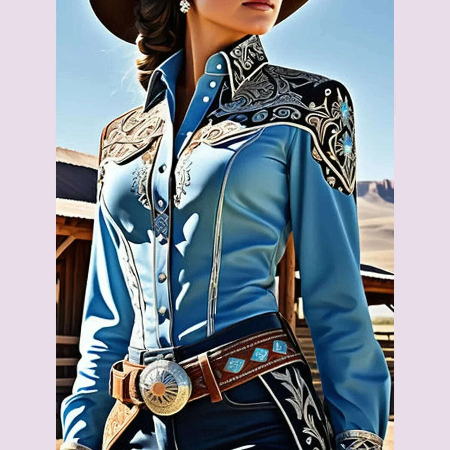American Retro Shirt for Women Ethnic Western Printed Puff Sleeve Turn Down Collar Corset Patchwork Casual Blouse Shirts Top