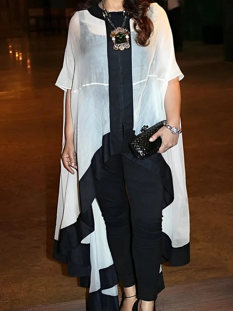 Beautyblue Casual Summer Sunscreen Shirt Elegant Perspective Blouse for Women Summer Batwing Sleeves High-low See-Through Tops