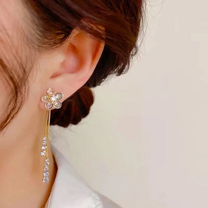 New Sweet Zircon Flower Long Tassel Pendant Stud Earrings for Women Elegant Exquisite Temperament Girls Birthday Gift Jewelry