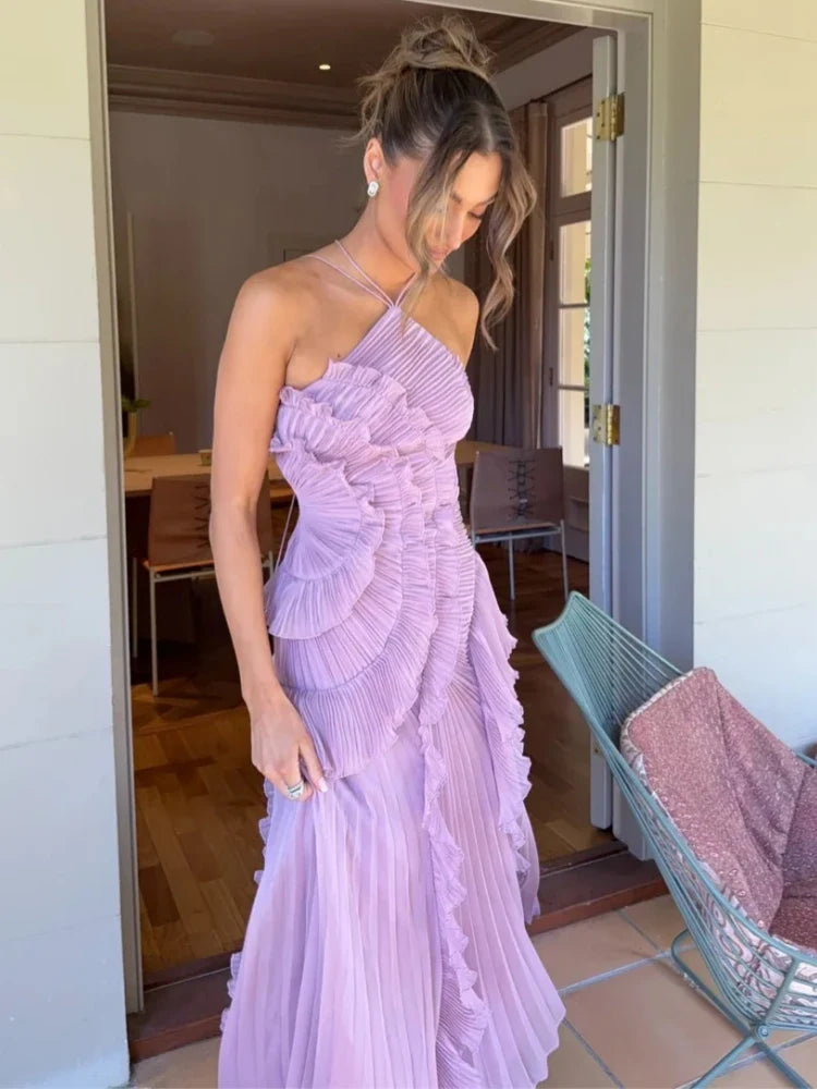 Fashoin Pleated Patchwork Sleeveless Summer Dress Women Elegant Halter Backless Split Maxi Dress Ladies Party Evening Dress 2025