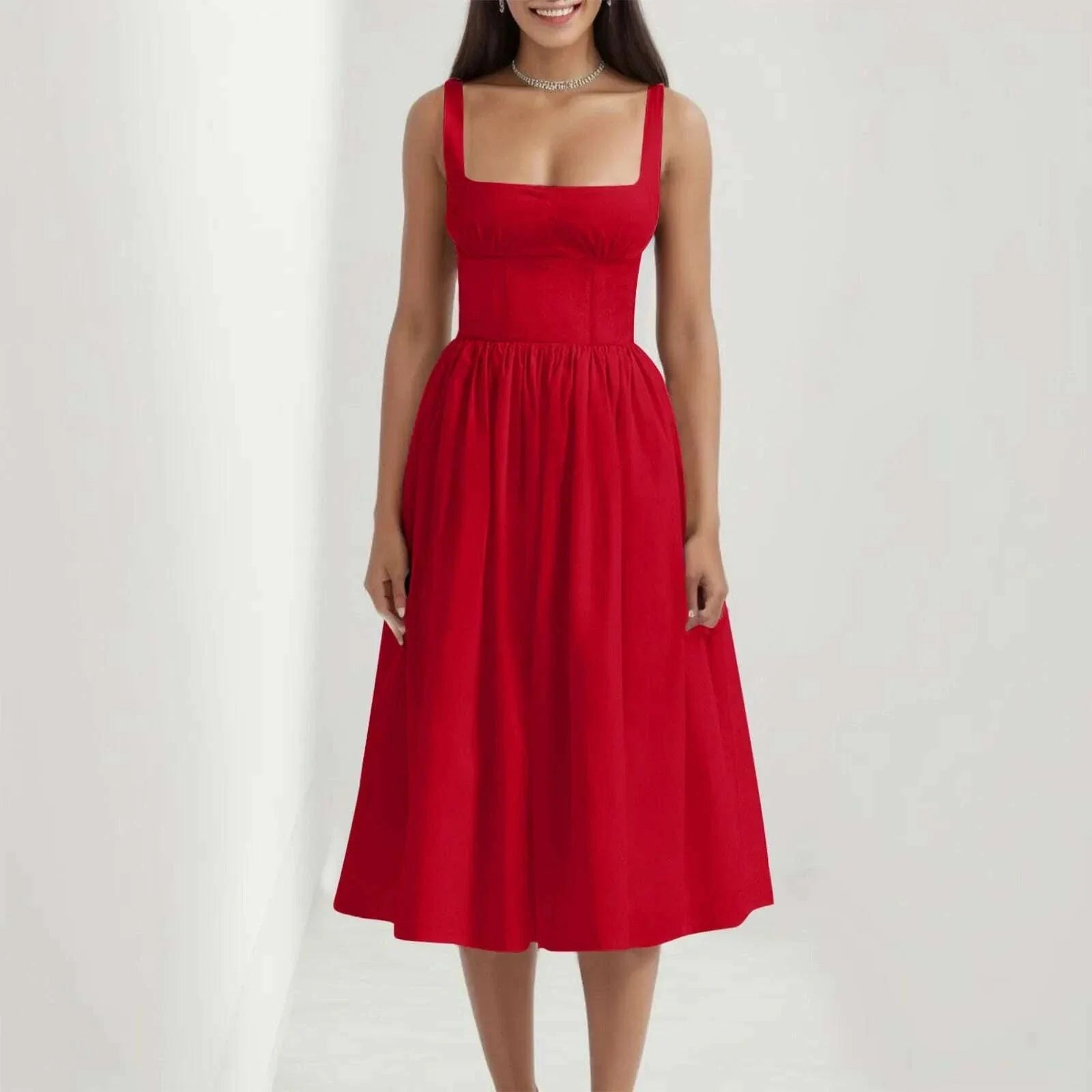 Elegant Square Collar Summer Dresses for Women Sexy Spaghetti Strap Holiday Beach Sundress Corset Bandage Party Long Dress Robe