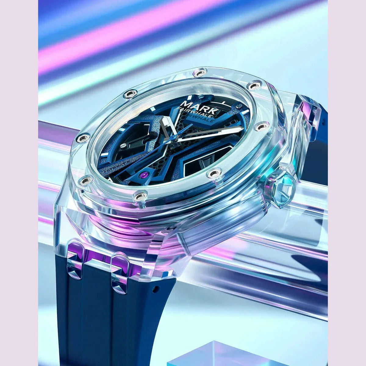 Mark Fairwhale Men's Fashion Automatic Mechanical Watch Sporty Casual Style with Transparent Case Silicone Strap Waterproof