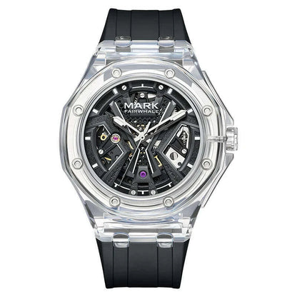 Mark Fairwhale Men's Fashion Automatic Mechanical Watch Sporty Casual Style with Transparent Case Silicone Strap Waterproof