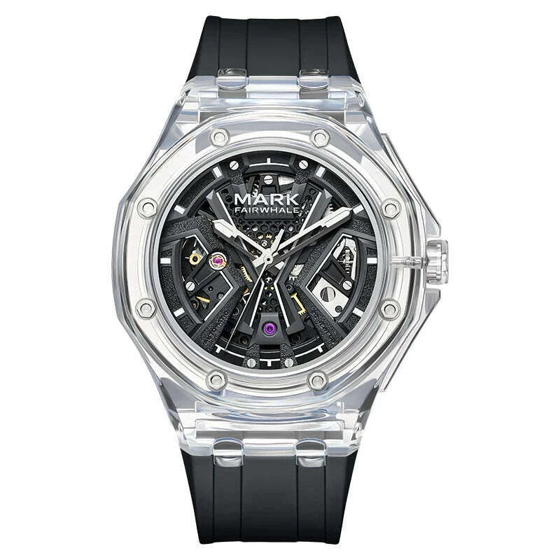 Mark Fairwhale Men's Fashion Automatic Mechanical Watch Sporty Casual Style with Transparent Case Silicone Strap Waterproof