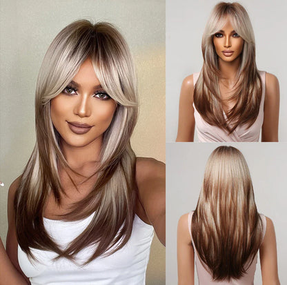 ALAN EATON Chestnut Brown Synthetic Wig with Bangs Long Straight Wig Natural Layered Hair Smooth Soft Daily Wig Heat Resistant