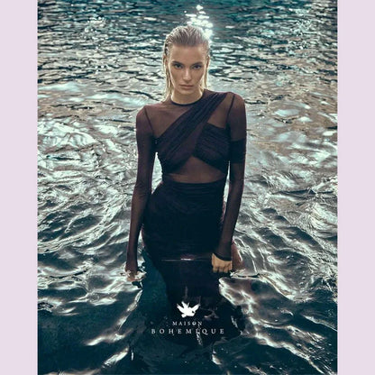 Mozision Mesh Ruched Sexy Maxi Dress For Women Fashion Zipper Patchwork See Through Long Sleeve Elegant Club Party Long Dress