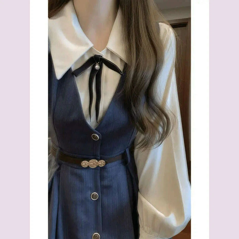 French literature and art retro commuting new vest dress women's spring and autumn college long-sleeved shirt age-reducing waist