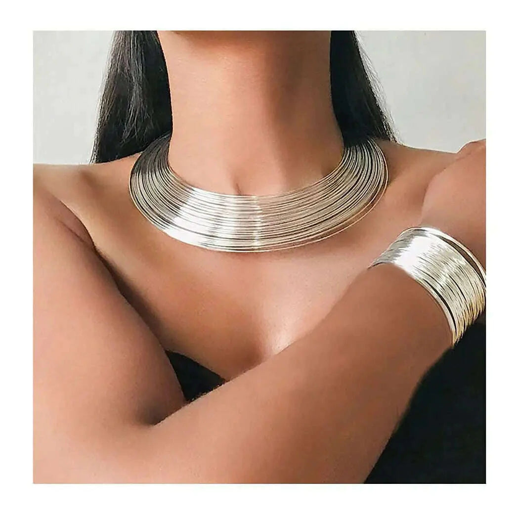 African Neck Choker Gold Plated Multilayer Choker Open Bib Bracelet Chunky Hoop Earrings Ring Set Fashion Jewelry Women Jewelry