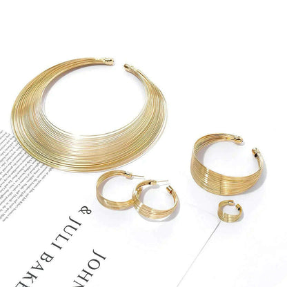 African Neck Choker Gold Plated Multilayer Choker Open Bib Bracelet Chunky Hoop Earrings Ring Set Fashion Jewelry Women Jewelry