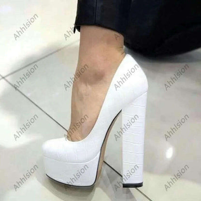 Ahhlsion New Women Platform Pumps Stone Pattern Chunky High Heels Round Toe Pretty White Party Shoes Ladies US Plus Size 4-20