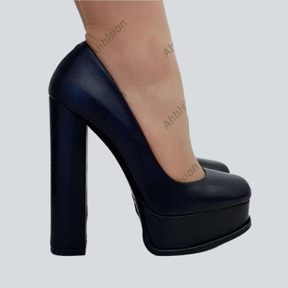 Ahhlsion Women Spring Pumps Chunky High Heels Faux Leather Round Toe Slip On Pretty Black Party Shoes Ladies US Size 5-20