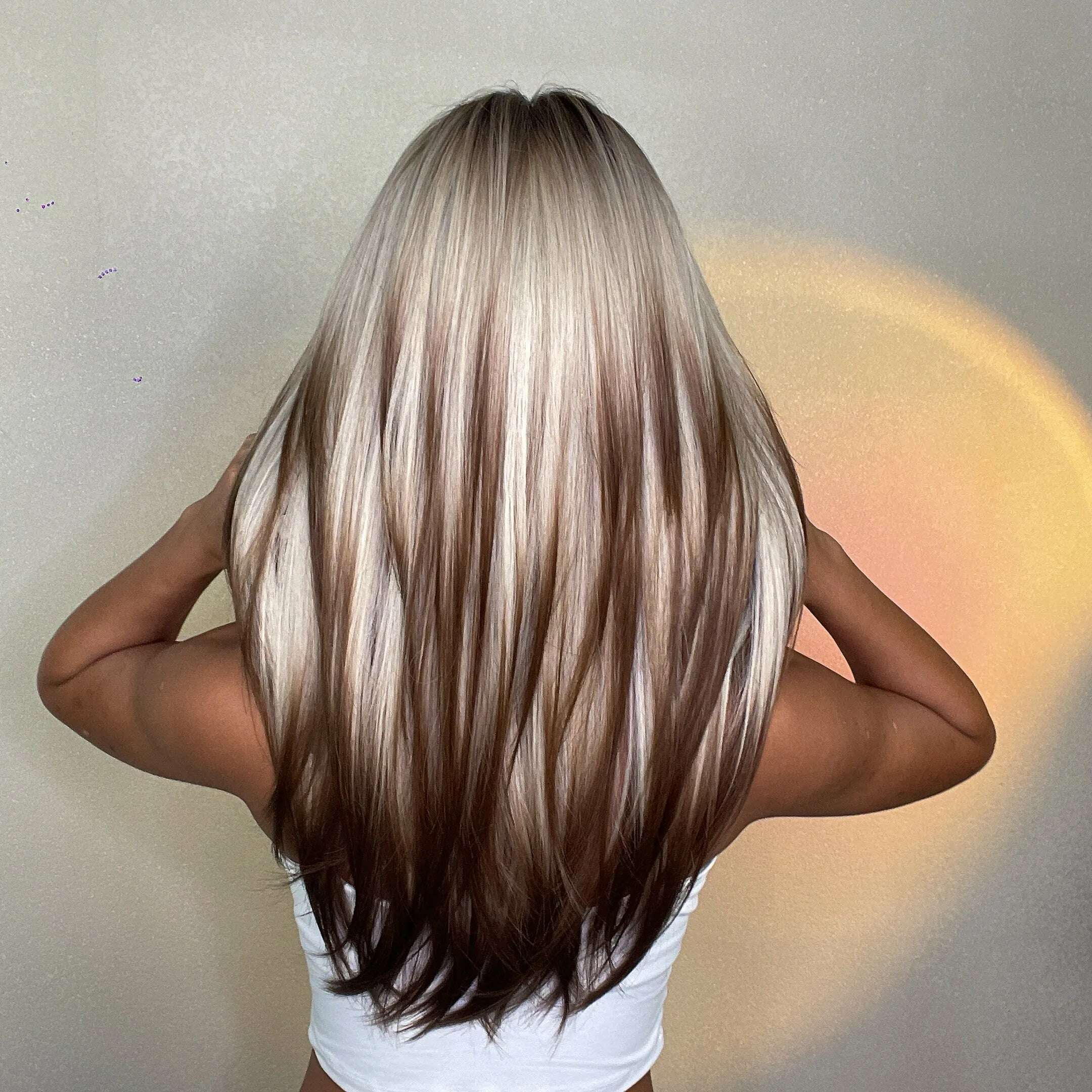 ALAN EATON Blonde Layered Synthetic Wigs for Women Long Straight Brown Highlights Wigs with Bangs Balayage Hair Heat Resistant