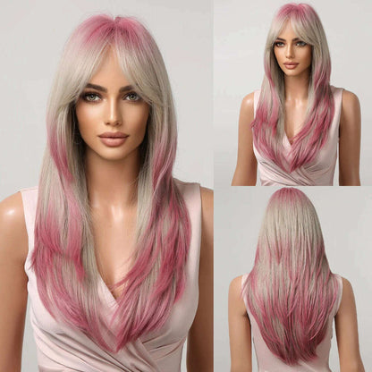 ALAN EATON Blonde Layered Synthetic Wigs for Women Long Straight Brown Highlights Wigs with Bangs Balayage Hair Heat Resistant