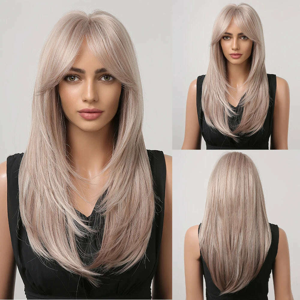 ALAN EATON Blonde Layered Synthetic Wigs for Women Long Straight Brown Highlights Wigs with Bangs Balayage Hair Heat Resistant