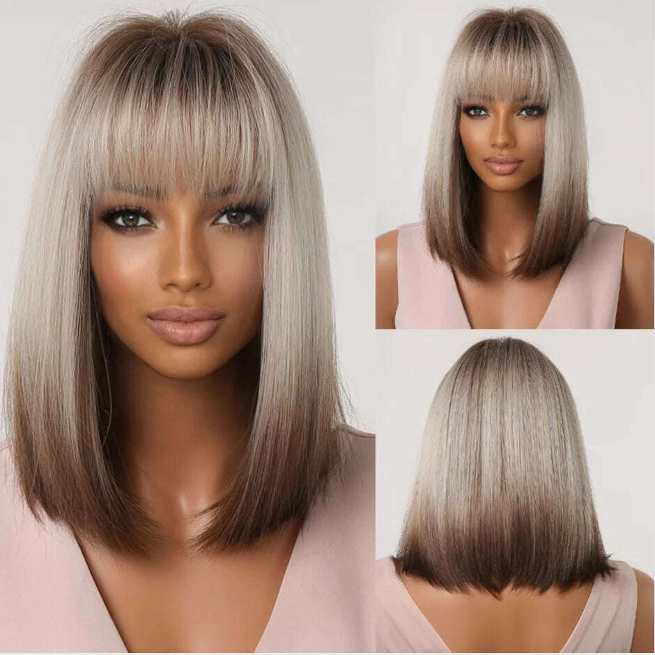 ALAN EATON Blonde Layered Synthetic Wigs for Women Long Straight Brown Highlights Wigs with Bangs Balayage Hair Heat Resistant