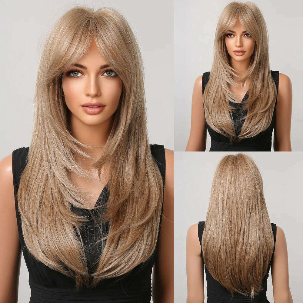 ALAN EATON Blonde Layered Synthetic Wigs for Women Long Straight Brown Highlights Wigs with Bangs Balayage Hair Heat Resistant