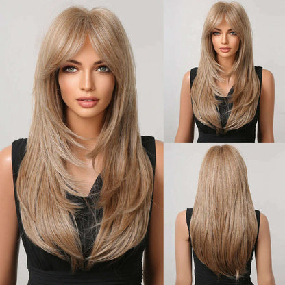 ALAN EATON Blonde Layered Synthetic Wigs for Women Long Straight Brown Highlights Wigs with Bangs Balayage Hair Heat Resistant