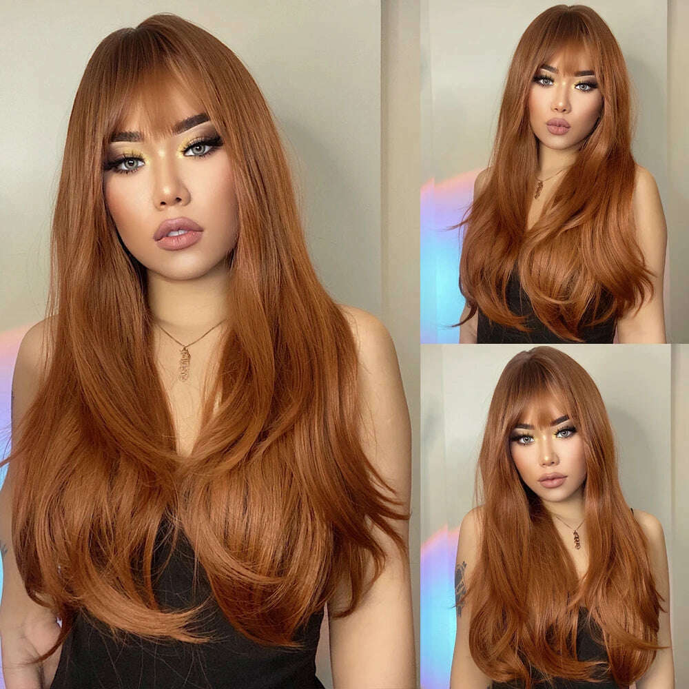 ALAN EATON Blonde Layered Synthetic Wigs for Women Long Straight Brown Highlights Wigs with Bangs Balayage Hair Heat Resistant