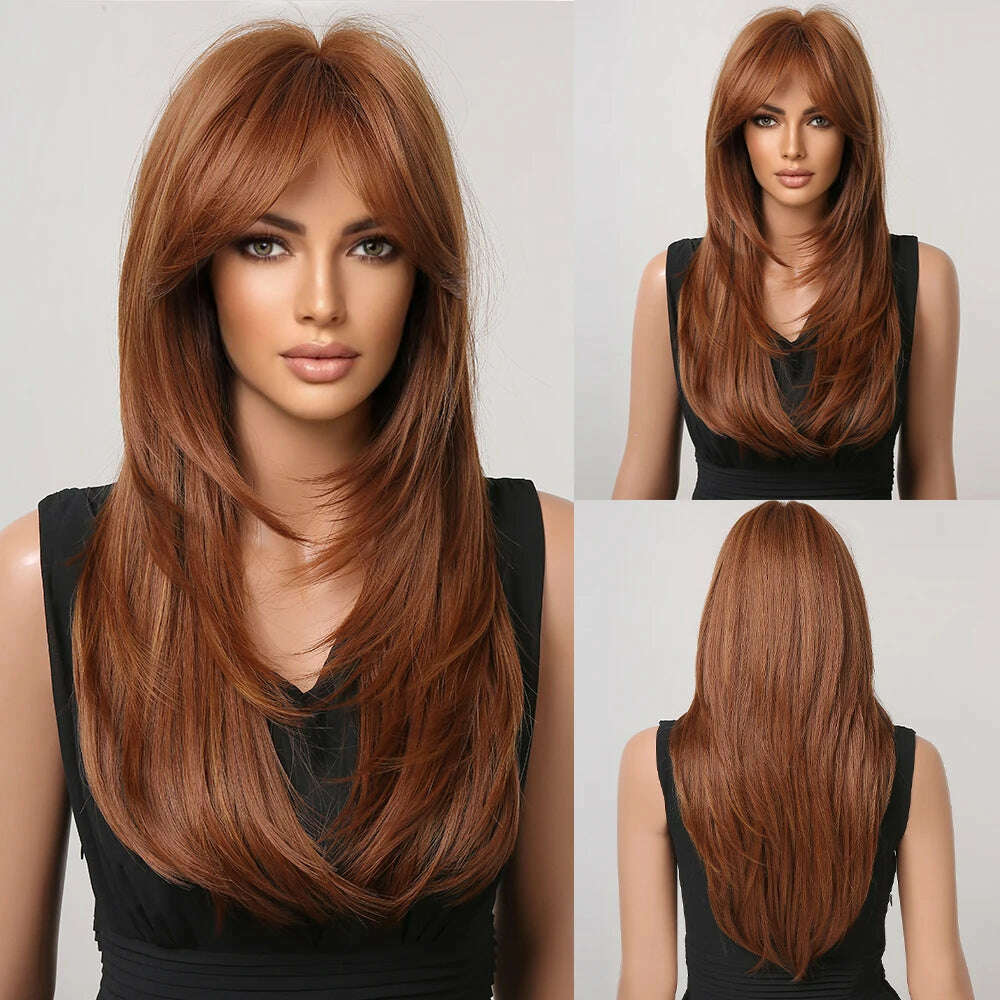ALAN EATON Blonde Layered Synthetic Wigs for Women Long Straight Brown Highlights Wigs with Bangs Balayage Hair Heat Resistant