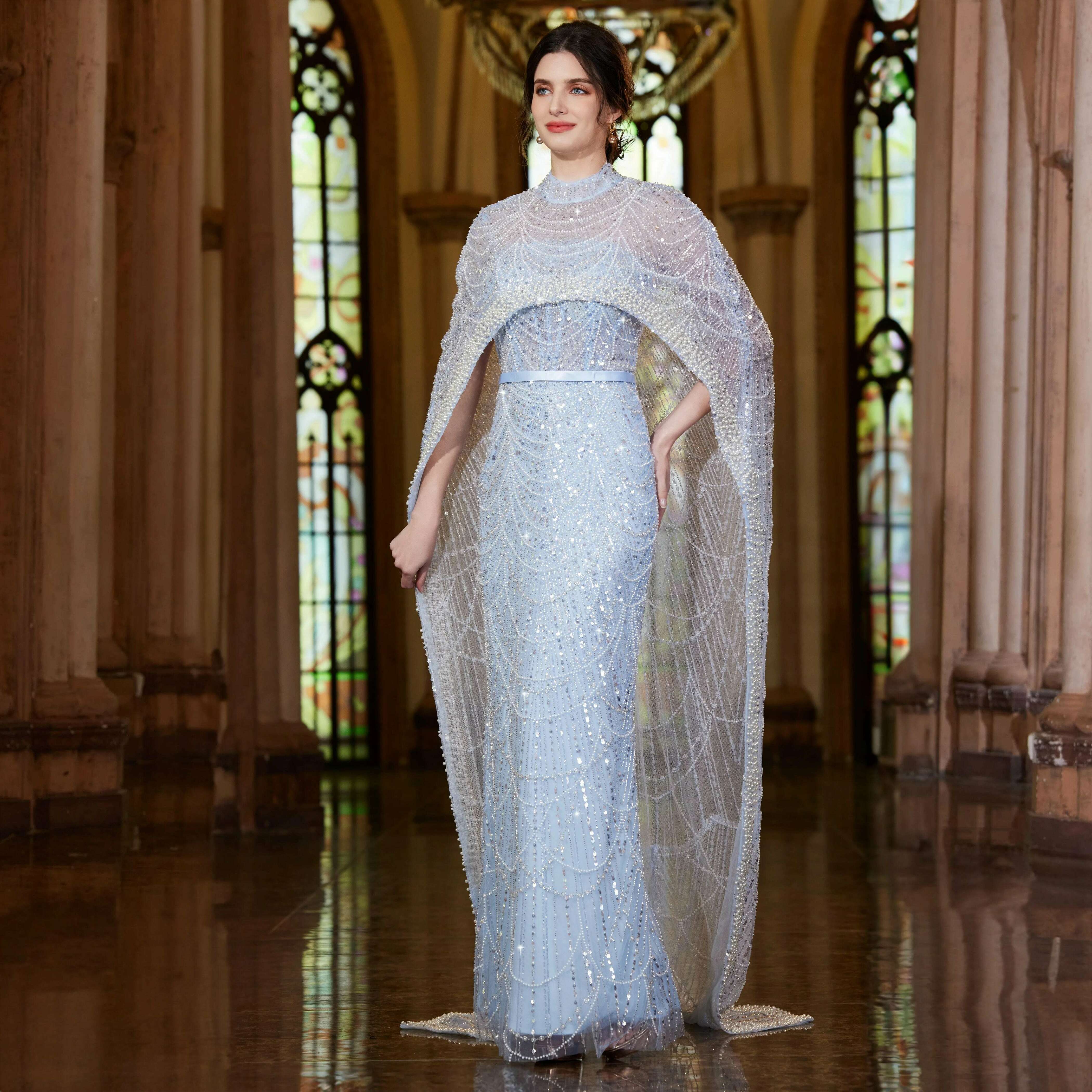 Alice CollectionPro Dubai Arabic Champagne Long Evening Dress 2024 Women's Prom Evening Dresses Gown with Cape Luxury Customized