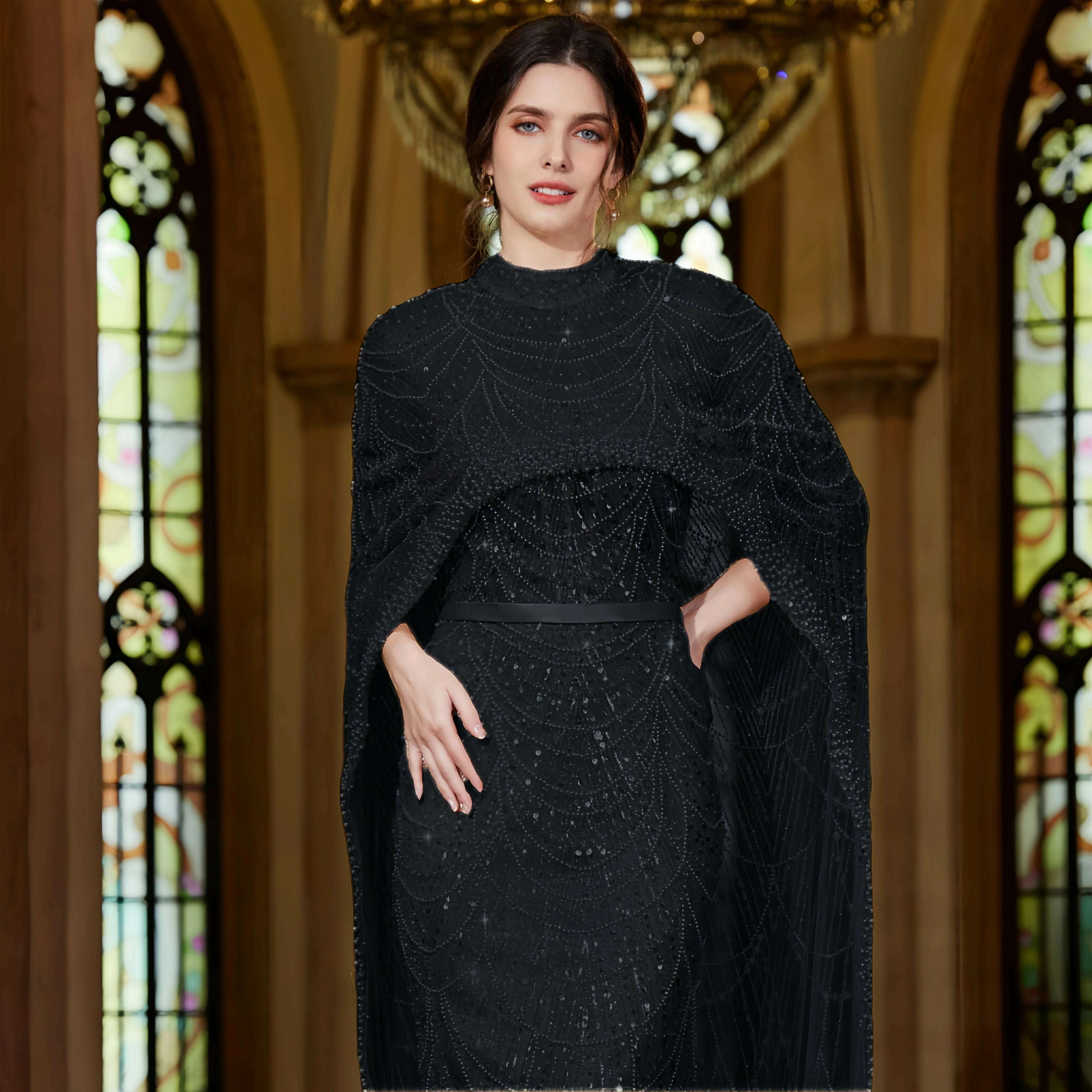 Alice CollectionPro Dubai Arabic Champagne Long Evening Dress 2024 Women's Prom Evening Dresses Gown with Cape Luxury Customized