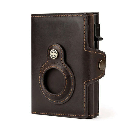 Anti-scan Magnet Credit Card Holder Wallet Genuine Leather Automatic Pop Out Aluminum Smart Wallets Luxury AirTag Purse Set