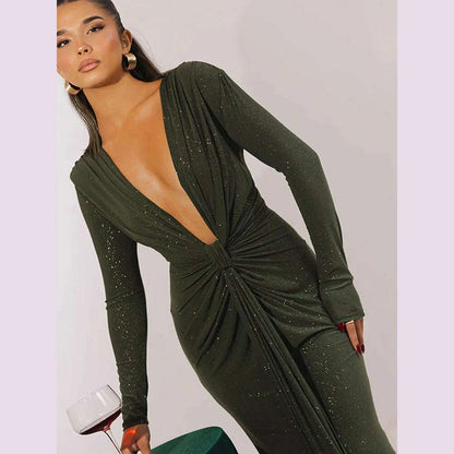 Articat Elegant Long Sleeve Elastic Tight Party Evening Dress For Women Sexy Deep V-Fold Lace Vestido Autumn/Winter New 2025