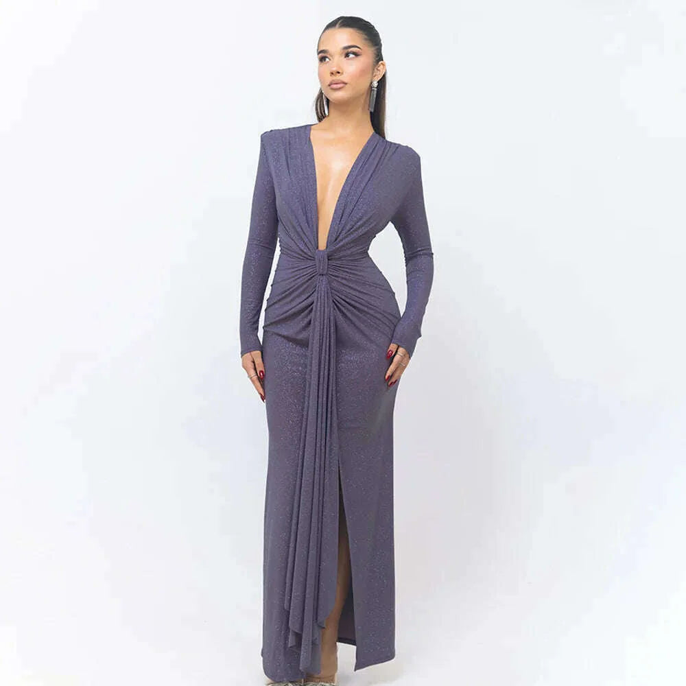 Articat Elegant Long Sleeve Elastic Tight Party Evening Dress For Women Sexy Deep V-Fold Lace Vestido Autumn/Winter New 2025
